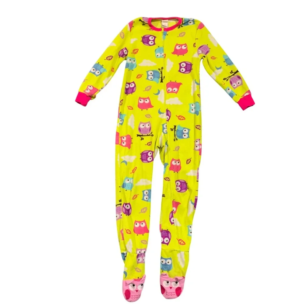Circo Girls Footed Pajamas 2-Pack Size S 6/6x Fleece Owls Monkeys Bright Colors‎
